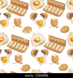 Eggs placed in carton package or container for transporting or selling on market. Seamless pattern of farm products, ingredient for cooking and preparing dishes. Dinner or lunch vector in flat style. Chicken eggs in carton package, product seamless pattern Stock Vector