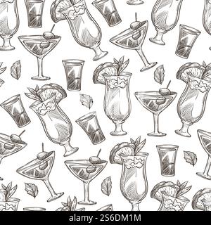 Cocktails served with straws, slices of fruits and olives seamless pattern. Alcoholic drinks in bars, pubs or restaurants. Refreshing beverages with decor. Monochrome sketch outline, vector in flat. Alcoholic cocktails served in glasses with straws seamless pattern Stock Vector