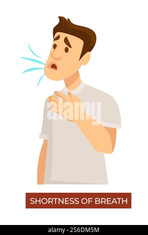 Male character with symptoms of coronavirus or infection. Man with shortness of breath, allergic person coughing holding neck. Difficulty in breathing, bronchial asthma, vector in flat style. Shortness of breath, man with symptoms of coronavirus Stock Vector