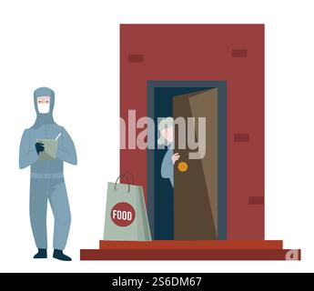 Deliveryman wearing protective suit delivering food to citizens. Company taking products to people staying at home. Coronavirus outbreak quarantine and lockdown. Covid19 prevention vector in flat. Delivery service during coronavirus outbreak, food for people Stock Vector