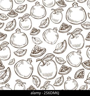 Ripe apples and pomegranates seamless pattern. Fruits with vitamins and minerals. Organic ingredients, natural products for dieting or detoxing. Monochrome sketch outline, vector in flat style. Pomegranate and apple fruits with leaves seamless pattern Stock Vector