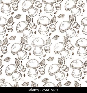Mushrooming and gathering mushrooms, puffball seamless pattern. Forest plant, leaves and bugs. Calvatia fungi, vegetable botany type delicacy. Monochrome sketch outline, vector in flat style. Puffball mushroom with leaves, mushrooming season seamless pattern Stock Vector