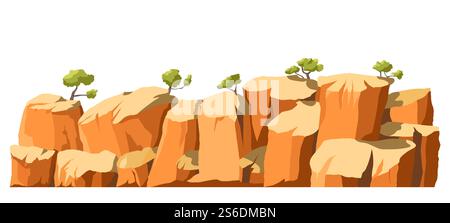 Dry climate and landscape with mountain peaks. Trees growing on top of cliffs, tranquil wild area. Scenery for tourists, scenic panorama with firs. Canyon or desert nature, vector in flat style. Landscape with cliffs and trees, panoramic scenery vector Stock Vector