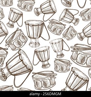 Drums national or ethnic music instrument, djembe or jembe seamless pattern. Wooden base with leather skin for percussion and acoustic. Culture, monochrome sketch outline, vector in flat style. Djembe or jembe drum musical instrument seamless pattern Stock Vector