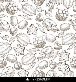 Tropical food fruits, carambola and kiwi, juicy mango, leaves seamless pattern. Maracuya dieting and detoxing, vegetarian or vegan menu background. Monochrome sketch outline, vector in flat style. Exotic fruits, kiwi and carambola monochrome seamless pattern Stock Vector