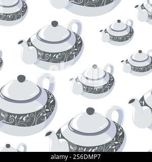 Tableware for serving tea and hot beverages seamless pattern of teapot decorated with ornaments. Vintage ceramics, retro crockery design. Cookware for traditional drinks, vector in flat style. Classic teapot for tea serving, decorative tableware seamless pattern Stock Vector
