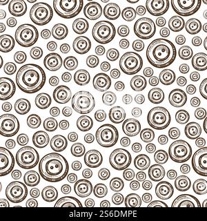 Buttons for sewing clothes seamless pattern. Tailoring salon or atelier, dress-making design. Plastic item with holes for threads. Decoration for clothing. Monochrome sketch outline, vector in flat. Sewing buttons for clothes, tailoring atelier seamless pattern Stock Vector
