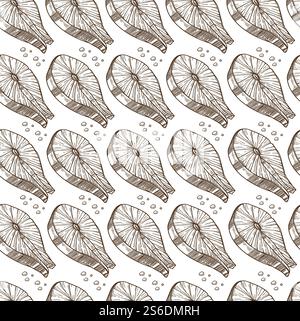 Seafood fried or smoked slice of salmon seamless pattern. Restaurant or cafe menu, nutrition and dieting. Portion for visitors. Prepared meat of fish. Monochrome sketch outline, vector in flat style. Salmon slice cooked in restaurant or home seamless pattern Stock Vector
