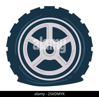 Problem with car tire, isolated icon of deflated rubber tyre and silver disk. Pressure in wheel, automotive maintenance and repairing service. Breakdown or accident on road. Vector in flat style. Deflated rubber tyre with disc, problem with tire Stock Vector
