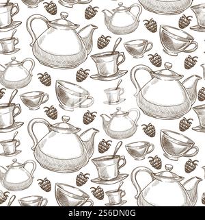 Teapot and cups with saucer and spoon, raspberry tea seamless pattern. Carcade hot beverage, drink poured in glasses, served liquid. Natural recipe. Monochrome sketch outline, vector in flat style. Raspberry tea, cup and kettle teapot seamless pattern Stock Vector