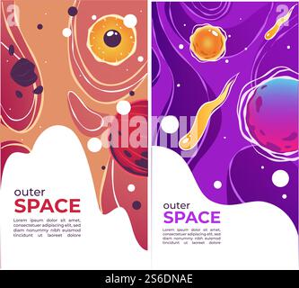 Universe with celestial bodies, planets and asteroids. Astronomy and outer space exploration, discovery of comets, meteors and solar flares. Constellations and cosmic dust vector in flat style. Outer space planets and solar flares, universe and comets Stock Vector