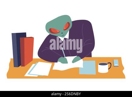 Character from outer space, representative from aliens civilization writing papers in office. Office businessman filling forms at workplace. Table with cup of coffee and files, vector in flat. Alien boss writting paper at work, extraterrestrial character Stock Vector