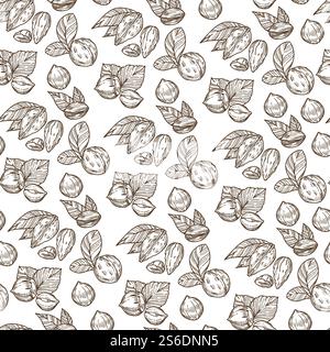 Healthy eating, nutrition and dieting seamless pattern of nuts and foliage. Plants with leaves, ingredient for desserts, dishes. Vegan or vegetarian dishes. Monochrome sketch outline, vector in flat. Nuts and leaves, nutrition and dieting seamless pattern Stock Vector