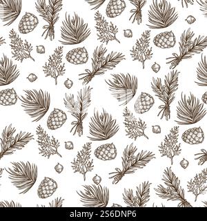 Pine cone on branches with needles, fir tree twigs, botanical decoration seamless pattern. Christmas symbol, foliage of evergreen coniferous plant. Monochrome sketch outline, vector in flat style. Branches of pine with needles and cones seamless pattern Stock Vector