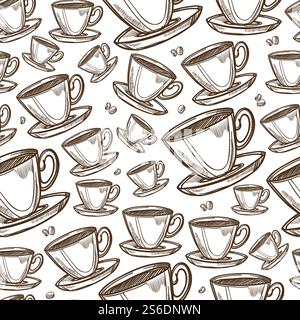 Tea or coffee poured in cup, seamless pattern of hot beverage. Drink at restaurant or cafe, mug with plate, served espresso or aromatic cappuccino. Monochrome sketch outline, vector in flat style. Cup of coffee or tea, beverage mun mug seamless pattern Stock Vector