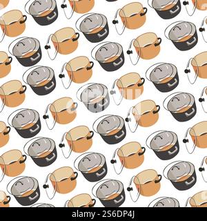 Kitchenware saucepan seamless pattern, casserole with glass lid. Preparation of food, cooking dishes in kitchen. Cookware with handle, containers for boiling and stewing, vector in flat style. Cookware saucepan with lid, kitchenware for preparing dishes Stock Vector