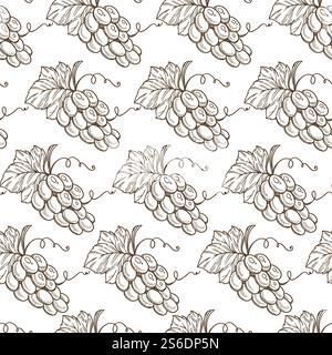 Grapevine agriculture of grapes, seamless pattern of organic product. Branch with berries and leaves. Summertime ingredients, nutrition and detoxing. Monochrome sketch outline, vector in flat style. Bunches of grapes with fruits and foliage seamless pattern Stock Vector