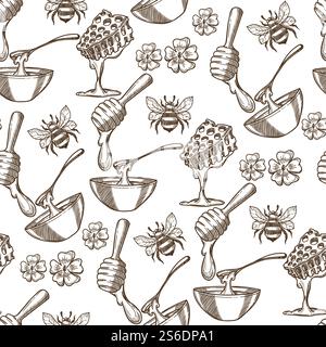 Flying bees wildflowers and beehives seamless pattern. Nectar with honey, organic natural product in plate. Apiculture and beekeeping business. Monochrome sketch outline, vector in flat style. Beehive with bees, flowers and honey in plate seamless pattern Stock Vector