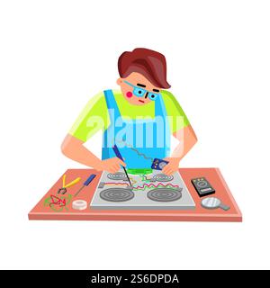 Electronic Repair Service Worker Fix Device Vector. Electronic Stove Gadget Testing And Fixing Young Repairman Engineer, Soldering With Iron Solder Wire. Character Flat Cartoon Illustration. Electronic Repair Service Worker Fix Device Vector Stock Vector