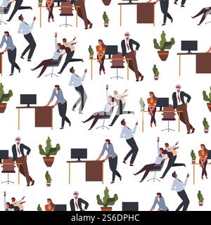 Workers on coffee break having fun in office seamless pattern. Employee talking to boss, colleagues riding chairs. Interior of working place, table with computer and decorative plant, vector. Office workers going crazy on coffee break seamless pattern Stock Vector