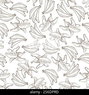 Tropical products, peeled banana skin seamless pattern. Organic ingredients for dieting and nutrition. Assortment of fresh food, snack or dessert. Monochrome sketch outline, vector in flat style. Banana tropical fruit, organic exotic food seamless pattern Stock Vector