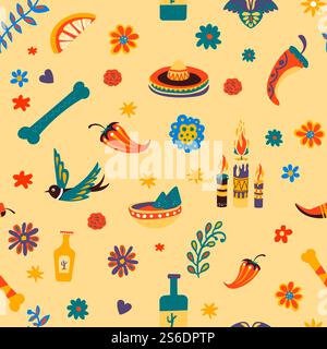 Sombrero and flying bird, bone and chilli pepper seamless pattern. Traditional mexican symbols and cultural icons. Slice of lime or lemon, tequila and burning candles and flowers, vector in flat style. Mexico traditional symbols and cultural signs seamless pattern Stock Vector