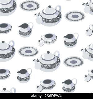 Tableware designed in classic style with ornaments seamless pattern of teapot with lid, saucer, cup and plate. Classical kitchenware for special occasions, dessert dish, crockery for holiday vector. Classic tableware set, saucer with plate and teapot seamless pattern Stock Vector
