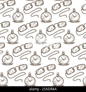Retro pocket clock showing time and glasses for poor sign decorated with chain. Vintage accessories addition seamless pattern, elegance for gentlemen. Monochrome sketch outline, vector in flat style. Vintage clock and glasses with chain, monochrome seamless pattern Stock Vector