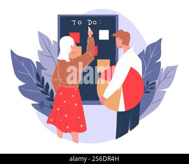 Organization of working tasks and projects. Management and collaboration of partners. Effective planning of time and projects, setting deadlines at work. Startup strategy, vector in flat style. To do list at work, management and organization Stock Vector