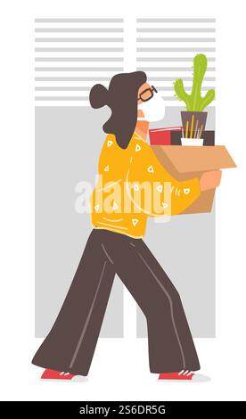 Employee walking with box with personal belonging. Female character leaving office during quarantine. Coronavirus disease outbreak and spreading. Going home for freelancing and safety, vector in flat. Female character taking box with personal belongings from office Stock Vector