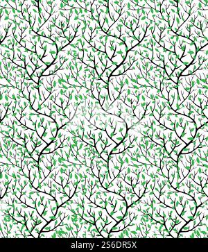 Spring weaving branches with green leaves seamless pattern. Flowering curved twigs, delicate botany in summer. Greenery of shrubs in forest or woods. Background or print, vector in flat style. Green shoots with leaves, spring branches with foliage Stock Vector