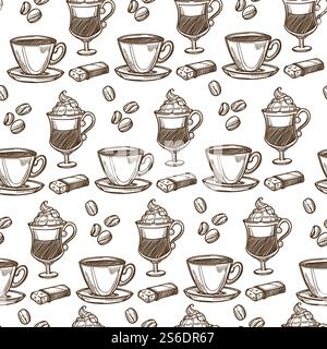 Cappuccino and coffee hot beverages served in cups and glasses seamless pattern. Sweet drinks in restaurants or cafe. Beans and whipped cream. Monochrome sketch outline, vector in flat style. Coffee poured in cup, cappuccino and beans seamless pattern Stock Vector