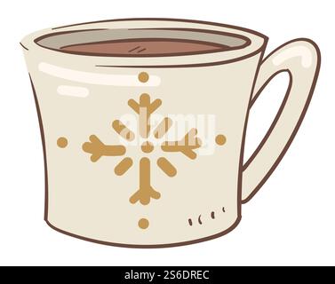 Aromatic coffee or tea poured in cup with snowflake print. Isolated mug with hot beverage. Delicious drink with cinnamon and herbs or caffeine. New year and christmas time. Vector in flat style. Cup of hot coffee or aromatic tea vector Stock Vector