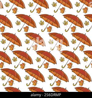 Rainy weather, umbrella for protection against downpour seamless pattern. Autumn season, maple leaves and waterproof accessory. Fall seasonal print, parasol with handle, vector in flat style. Umbrella and maple leaf, rainy weather seamless pattern Stock Vector
