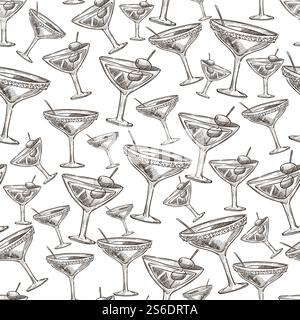Bar or pub, drinking establishment assortment menu. Cocktails seamless pattern, alcoholic beverage with olives, poured in glasses. Served alcohol drink. Monochrome sketch outline, vector in flat style. Cocktail with olives, alcoholic beverages in bar seamless pattern Stock Vector