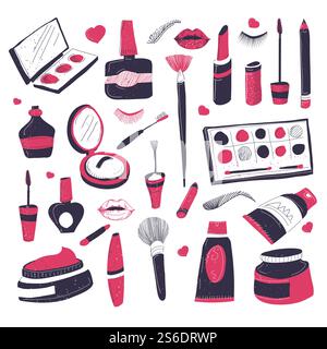 Cosmetic products for female beautification. Isolated set of icons of nail polish, eye shadow palettes, blushes and brushes. Mascara and lipstick, creams and lotions with foundations, vector. Makeup cosmetics for beauty salon, set of products Stock Vector