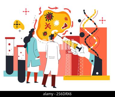 Vaccination and creating of vaccine from coronavirus diseases. Scientists in laboratory working on new methods of treatment. People testing and experimenting on results of study. Vector in flat style. Scientists inventing vaccine from coronavirus Stock Vector