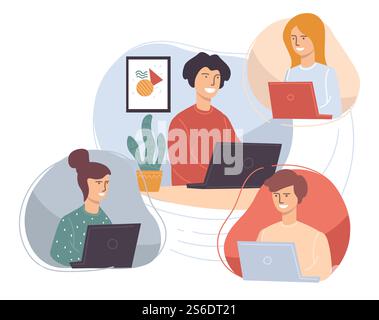 Employees working from home using laptops to get connected. People with computers doing projects online. Students doing homework or courses, distant studies or job network. Vector in flat style. People working from home, students or employees Stock Vector