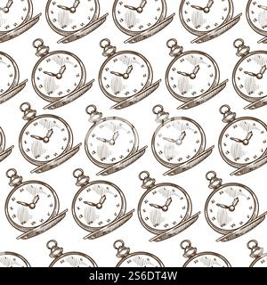 Retro pocket watch seamless pattern of old fashioned accessory. Vintage clock showing time, antique luxury device with minutes and second, timer. Monochrome sketch outline, vector in flat style. Vintage pocket watch showing time, monochrome seamless pattern Stock Vector