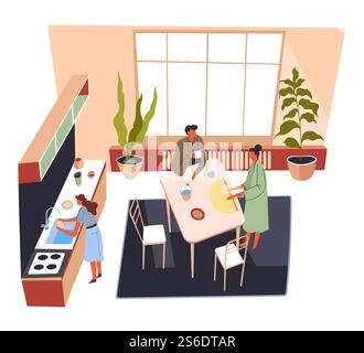 People cooking meals in kitchen, family spending time together by preparing food. Man and woman drinking tea, baking goods and washing dishes. Mother in law with son, characters vector in flat style. Family preparing meal in kitchen, cooking people vector Stock Vector