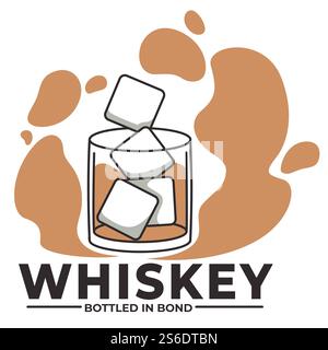 Bottled in bond, whiskey brewery and production of alcoholic beverage. Glass with drink, splashes and ice cubes. Inscription and composition, bar or restaurant menu with scotch. Vector in flat style. Whiskey bottled in bond alcoholic beverage brewing Stock Vector