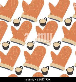 Protective fabric gloves and cups of coffee seamless pattern. Baking mitten protecting from burns. Mug with hot beverage, potholder made of fireproof cloth. Mitts for kitchen, vector in flat style. Baking mitten and cup of coffee, seamless pattern Stock Vector