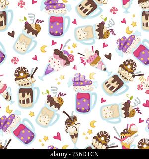Delicious ice cream with topping, cookies and decor seamless pattern of dessert served in restaurant or cafe. Container with mousse or milkshake with chocolate addition. Vector in flat style. Sweet desserts served in cups, ice creams seamless pattern Stock Vector