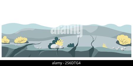 Nature of wilderness landscape with mountain ranges, peaks in distance. Scenic panorama with field and flora. Rigid soil with growing floral bushes. Scenery of countryside, vector in flat style. Landscape with stones and mountains in distant nature Stock Vector