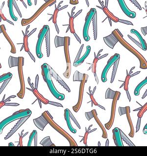 Hand ax, small portable saw and knife seamless pattern. Tools and instruments of handyman, hatchet and appliances for woodwork. Hacksaw woodcutter, craftsman or lumberjack vector in flat style. Hatchet and portable saw, tools and instruments seamless pattern Stock Vector