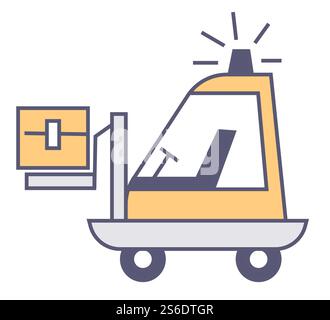Lifter automobile transporting cardboard parcel, isolated vehicle on warehouse or small factory. Logistic services, moving freight and cargo. Delivering goods and shipments. Vector in flat style. Automobile lifter with parcel, transporting boxes on warehouse Stock Vector