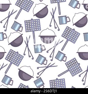Cauldron and grill for cooking outdoors, picnic kitchenware for food preparation seamless pattern. Skewers and aluminum cups with handle. Pots and containers for dishes, vector in flat style. Kitchenware for cooking on picnic outdoors seamless pattern Stock Vector