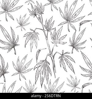 Medical marijuana or drugs seamless pattern. Monochrome sketch outline of leaves of cannabis, illegal plant with chemical elements. Hashish with cannabinoids, herbal medicine, vector in flat. Cannabis plant, alternative medicine monochrome sketch seamless pattern Stock Vector