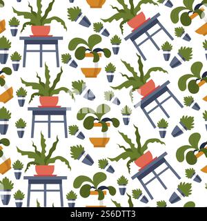 Flowers with green leafage seamless pattern. Floral decoration for home or office, leafy plants in pots standing on shelf. Houseplants with lush foliage. Potted flowers, vector in flat style. Houseplant in pots seamless pattern of flowers vector Stock Vector