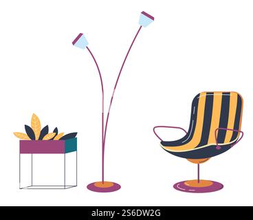 Home interior design of living space, room or office lounge. Isolated modern armchair and contemporary long floor lamp. Stand with flowers in pot, decorative house plant, vector in flat style. Interior design of living room or lounge vector Stock Vector